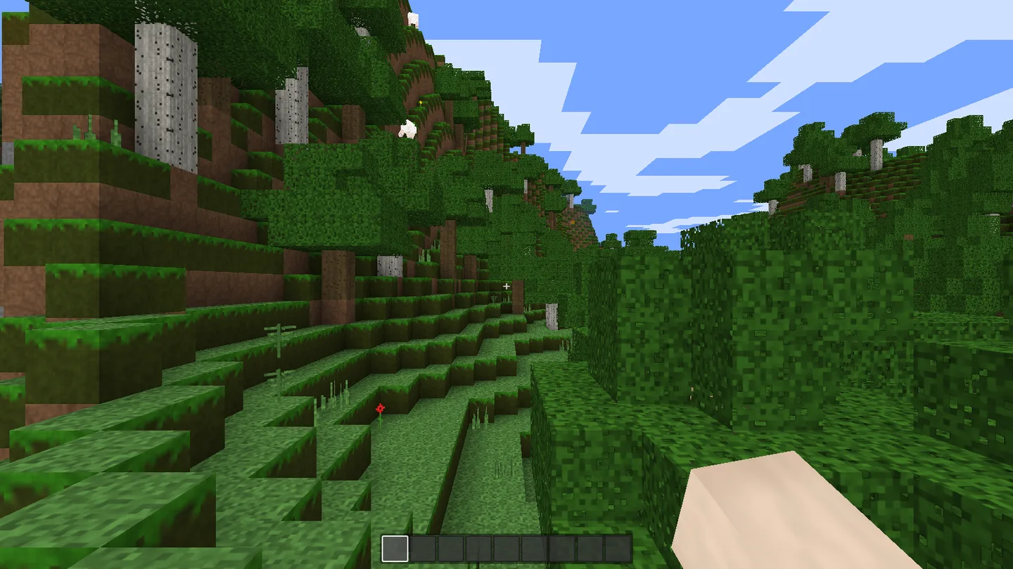 BrowserCraft in-game: a birch forest hillside with grass, flowers and a hotbar.
