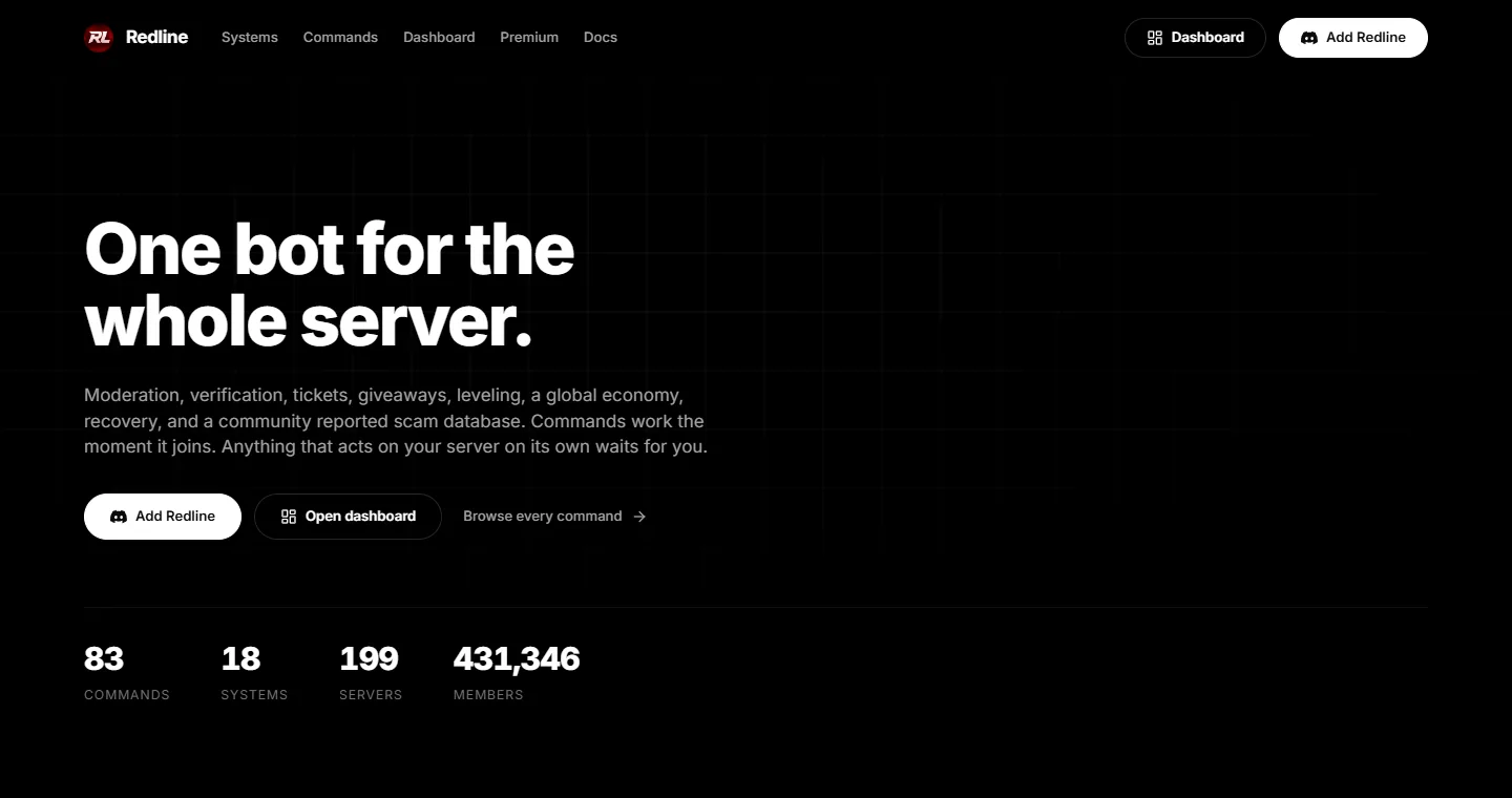 The Redline website, showing counts of commands, systems, servers and members.